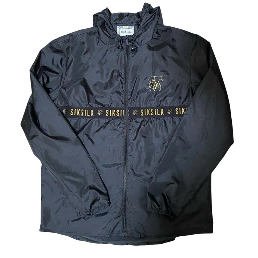 SIKSILK Men’s Black Gold Tape Logo Windbreaker Jacket Hooded Sz L